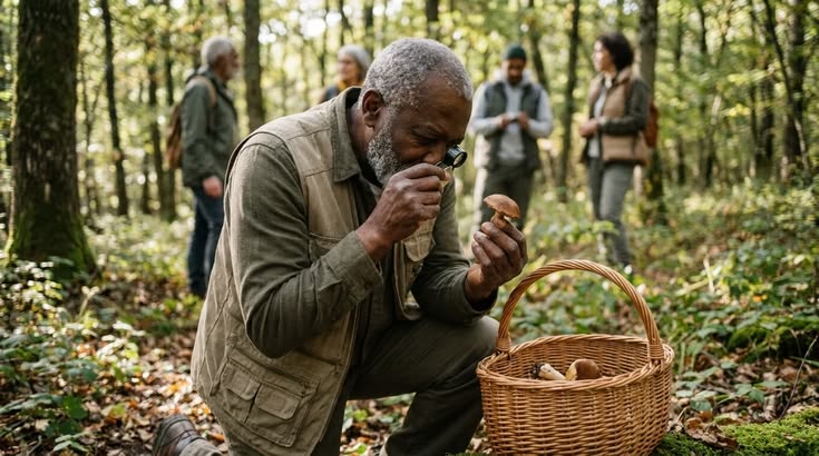 An inspector examining a mushroom by hand at a grow site, with a harvest basket beside them